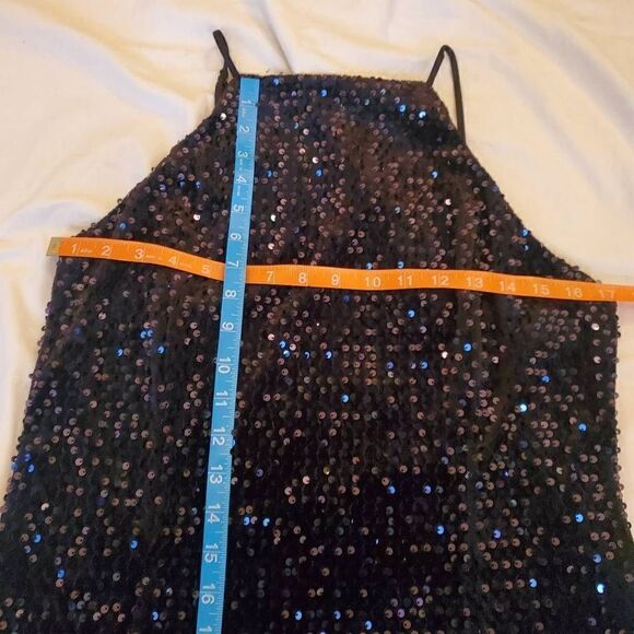 Express. Black, Velvet, Sequin, Open Back, Mini Dress. Size Large - Picture 4 of 15